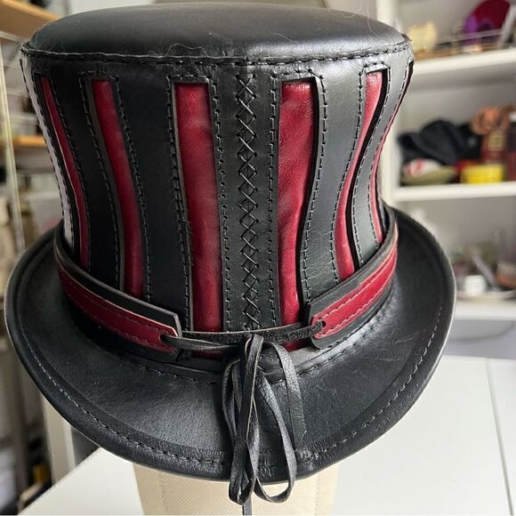 Black and Red Leather Top Hat - The Red Mad Hatter- 22.5” main image 8